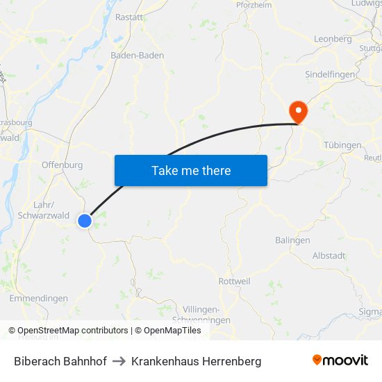 Biberach Bahnhof to Krankenhaus Herrenberg map