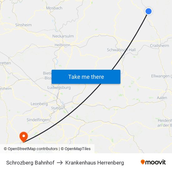 Schrozberg Bahnhof to Krankenhaus Herrenberg map