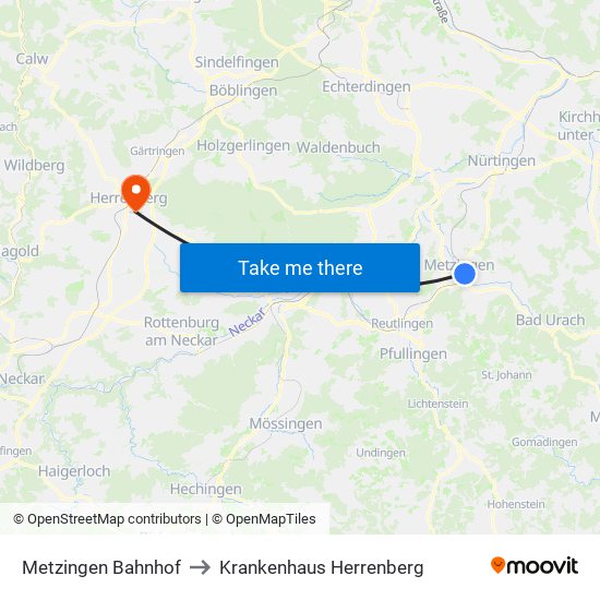 Metzingen Bahnhof to Krankenhaus Herrenberg map