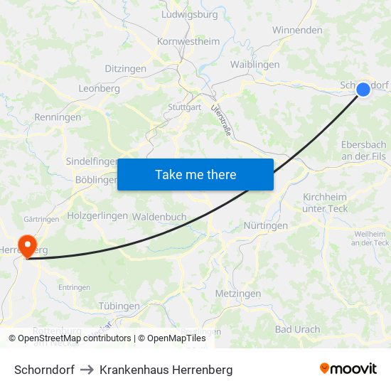 Schorndorf to Krankenhaus Herrenberg map