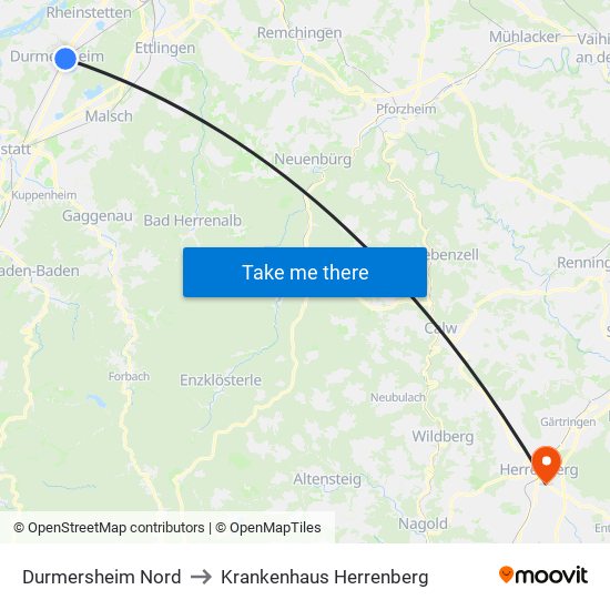 Durmersheim Nord to Krankenhaus Herrenberg map