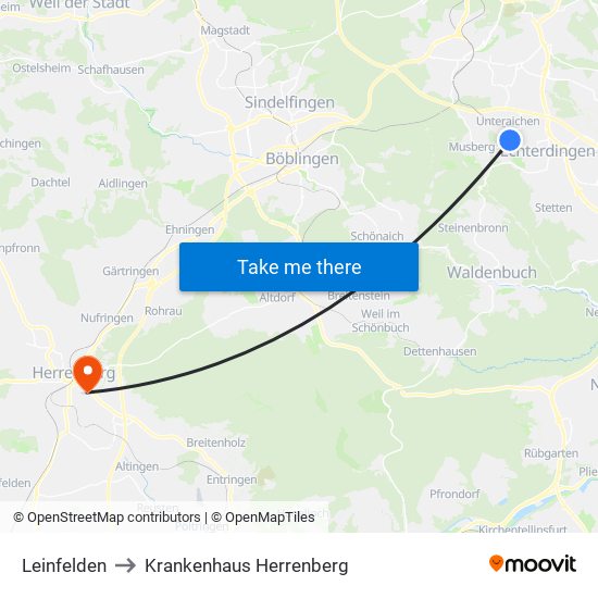 Leinfelden to Krankenhaus Herrenberg map