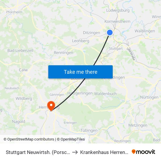 Stuttgart Neuwirtsh. (Porschep.) to Krankenhaus Herrenberg map