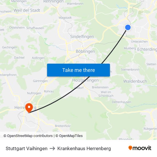 Stuttgart Vaihingen to Krankenhaus Herrenberg map