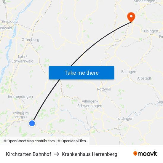 Kirchzarten Bahnhof to Krankenhaus Herrenberg map