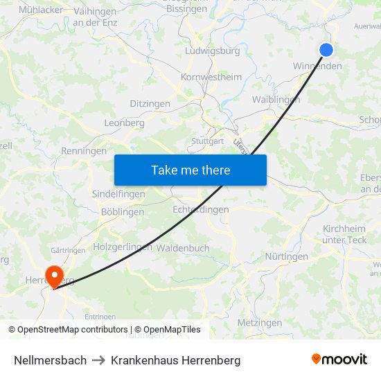 Nellmersbach to Krankenhaus Herrenberg map