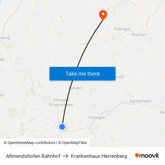 Allmendshofen Bahnhof to Krankenhaus Herrenberg map