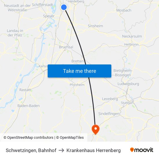 Schwetzingen, Bahnhof to Krankenhaus Herrenberg map