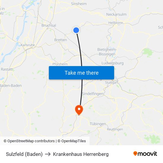 Sulzfeld (Baden) to Krankenhaus Herrenberg map
