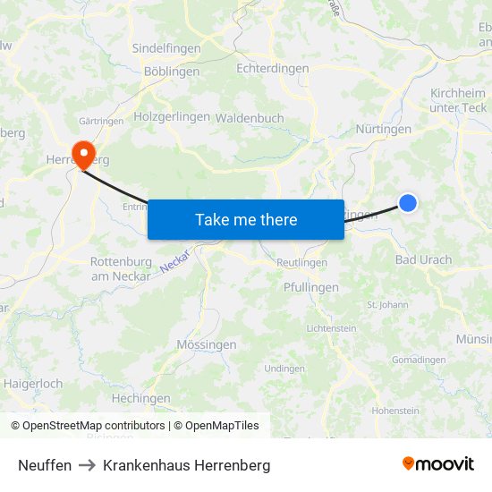 Neuffen to Krankenhaus Herrenberg map