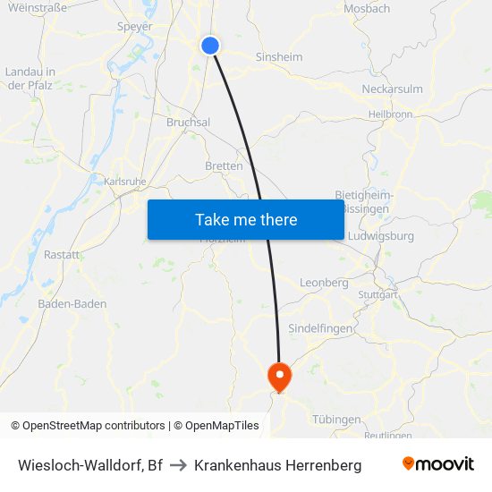 Wiesloch-Walldorf, Bf to Krankenhaus Herrenberg map