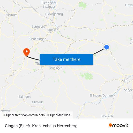 Gingen (F) to Krankenhaus Herrenberg map