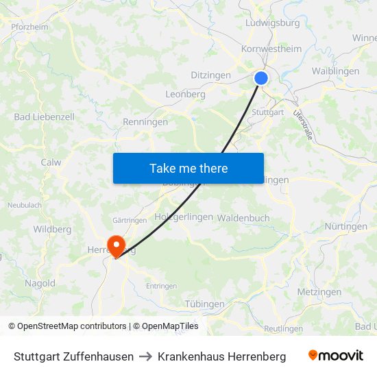 Stuttgart Zuffenhausen to Krankenhaus Herrenberg map