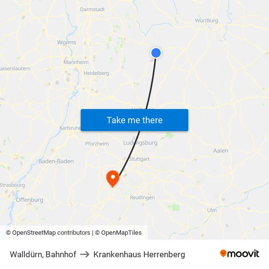 Walldürn, Bahnhof to Krankenhaus Herrenberg map