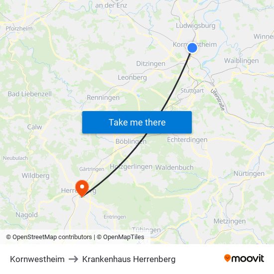 Kornwestheim to Krankenhaus Herrenberg map