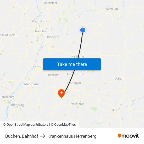 Buchen, Bahnhof to Krankenhaus Herrenberg map