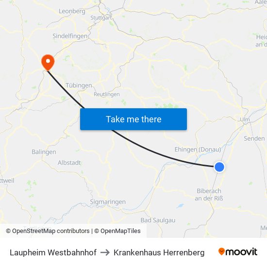 Laupheim Westbahnhof to Krankenhaus Herrenberg map