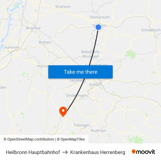 Heilbronn Hauptbahnhof to Krankenhaus Herrenberg map