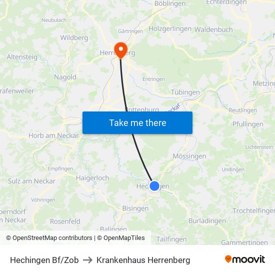Hechingen Bf/Zob to Krankenhaus Herrenberg map