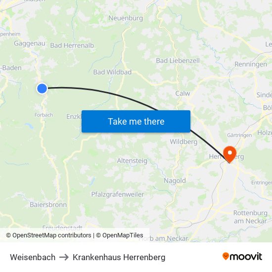 Weisenbach to Krankenhaus Herrenberg map