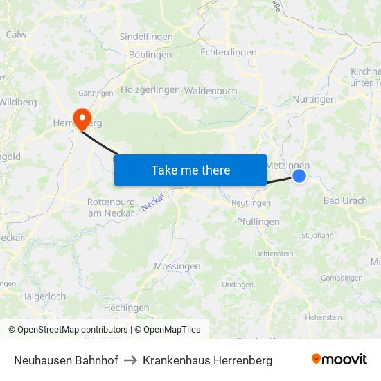 Neuhausen Bahnhof to Krankenhaus Herrenberg map
