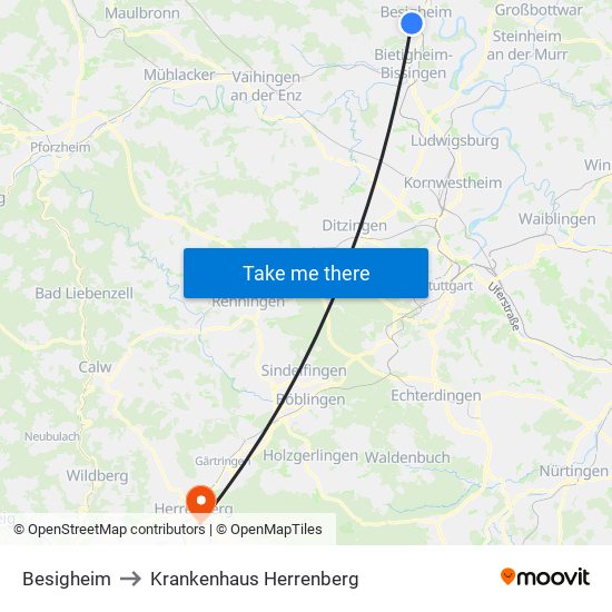Besigheim to Krankenhaus Herrenberg map