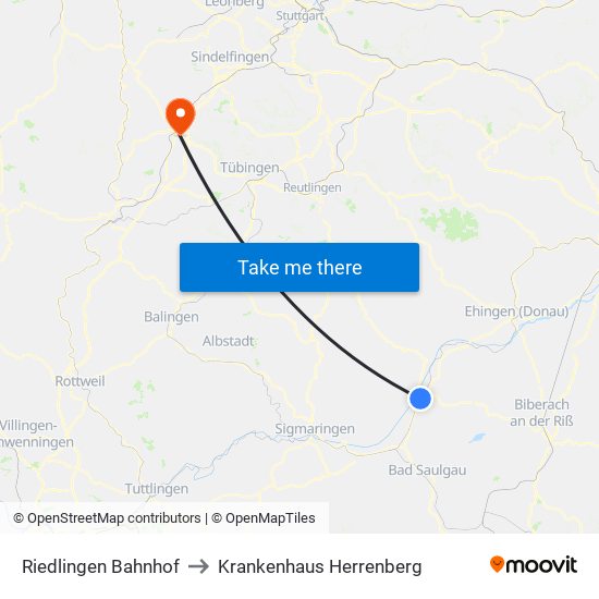 Riedlingen Bahnhof to Krankenhaus Herrenberg map