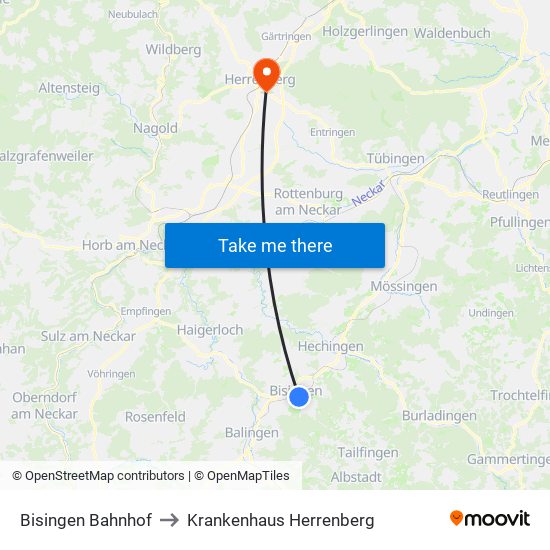 Bisingen Bahnhof to Krankenhaus Herrenberg map