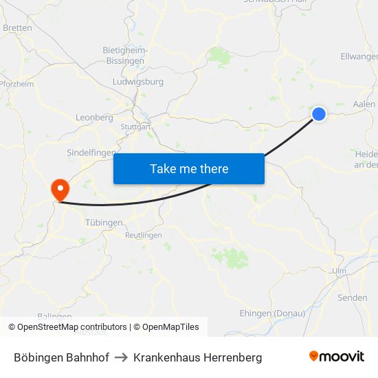 Böbingen Bahnhof to Krankenhaus Herrenberg map