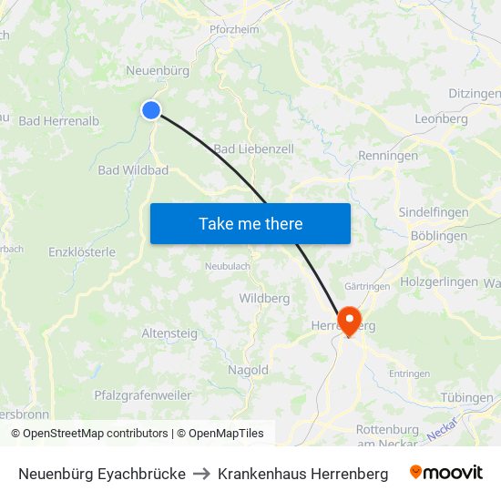 Neuenbürg  Eyachbrücke to Krankenhaus Herrenberg map