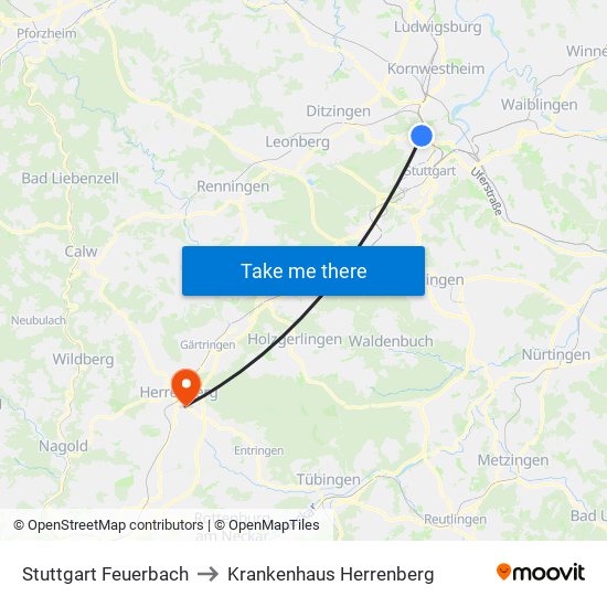 Stuttgart Feuerbach to Krankenhaus Herrenberg map