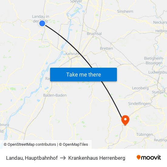 Landau, Hauptbahnhof to Krankenhaus Herrenberg map