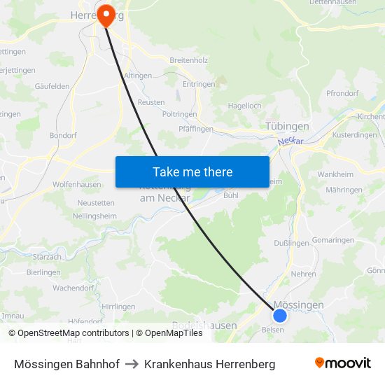 Mössingen Bahnhof to Krankenhaus Herrenberg map