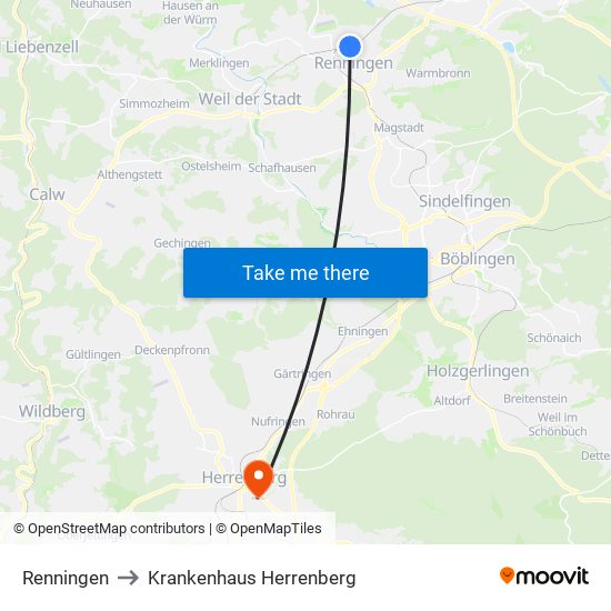 Renningen to Krankenhaus Herrenberg map