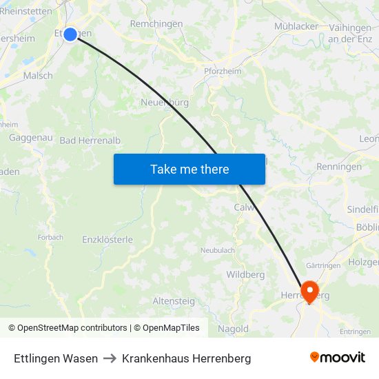 Ettlingen Wasen to Krankenhaus Herrenberg map