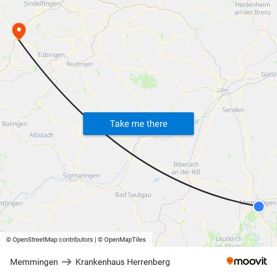 Memmingen to Krankenhaus Herrenberg map