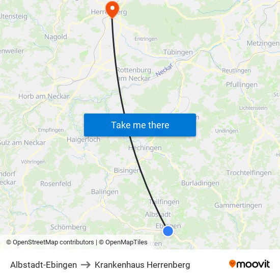 Albstadt-Ebingen to Krankenhaus Herrenberg map