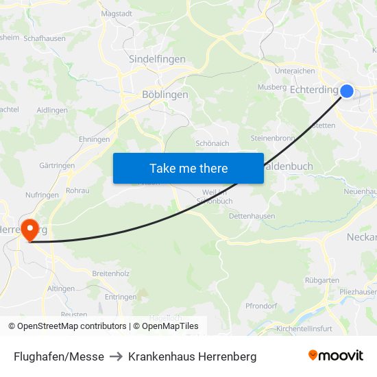 Flughafen/Messe to Krankenhaus Herrenberg map