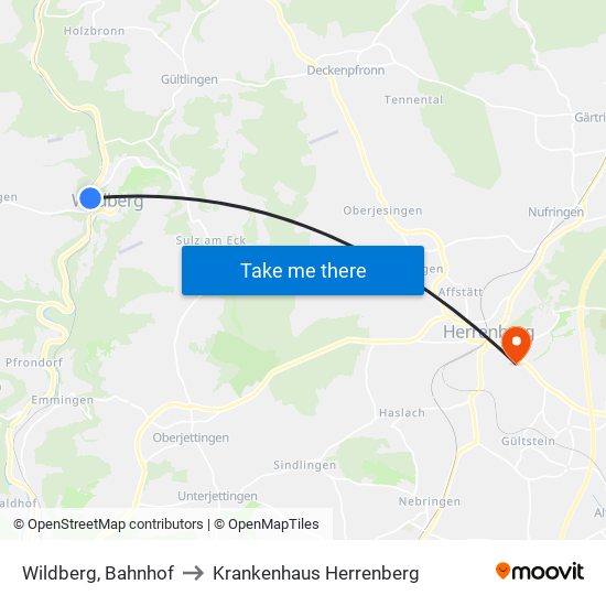 Wildberg, Bahnhof to Krankenhaus Herrenberg map