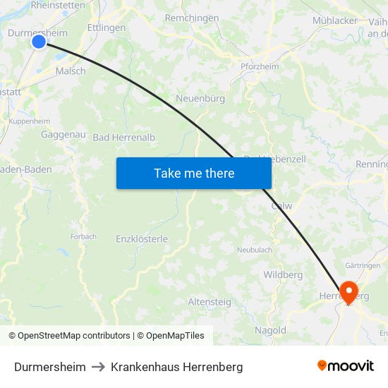 Durmersheim to Krankenhaus Herrenberg map