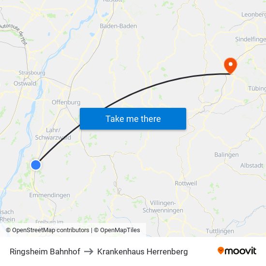 Ringsheim Bahnhof to Krankenhaus Herrenberg map