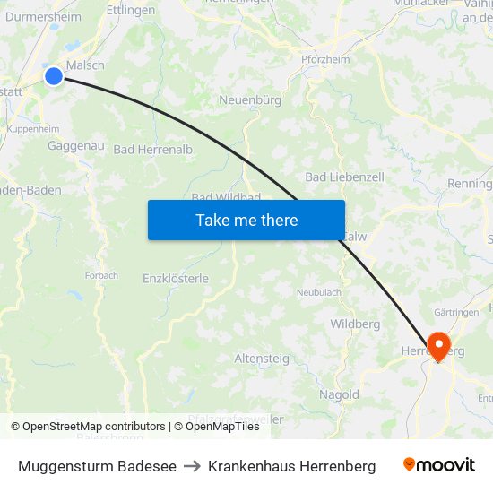 Muggensturm Badesee to Krankenhaus Herrenberg map