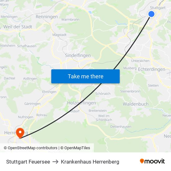 Stuttgart Feuersee to Krankenhaus Herrenberg map