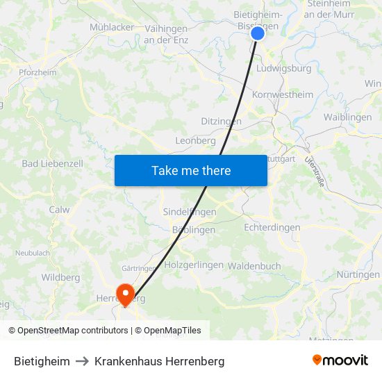 Bietigheim to Krankenhaus Herrenberg map