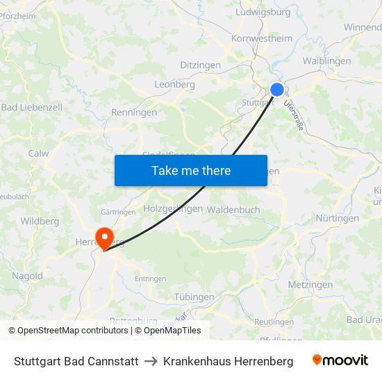 Stuttgart Bad Cannstatt to Krankenhaus Herrenberg map