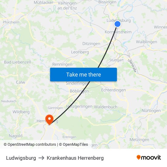 Ludwigsburg to Krankenhaus Herrenberg map