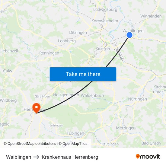 Waiblingen to Krankenhaus Herrenberg map