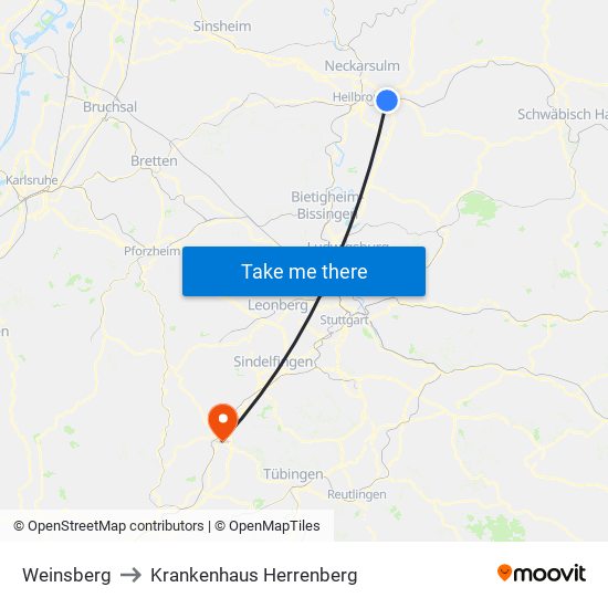 Weinsberg to Krankenhaus Herrenberg map