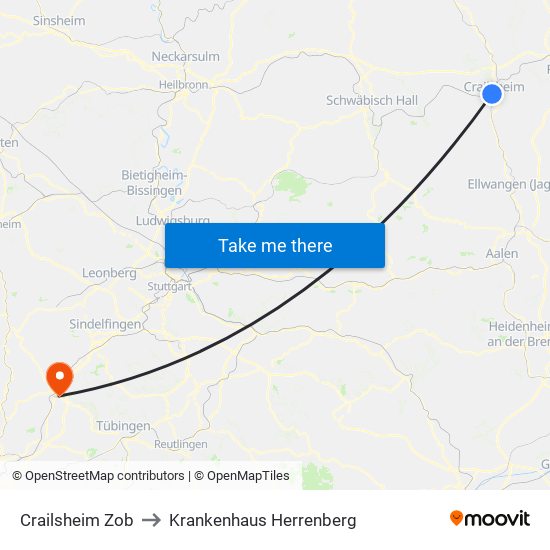 Crailsheim Zob to Krankenhaus Herrenberg map