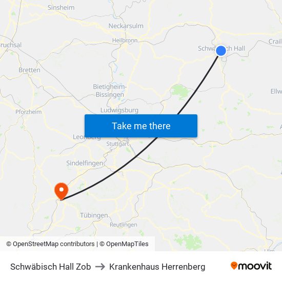 Schwäbisch Hall Zob to Krankenhaus Herrenberg map